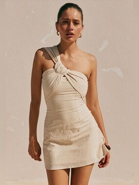NWT! Sabo Dimmi Dress Women’s Size M 6 Beige Cotton Sleeveless One Shoulder Mini